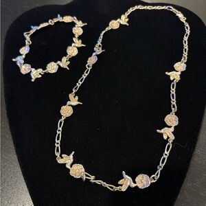 Sterling Silver Hummingbird and Flowers Necklace and Bracelet Set Mexico